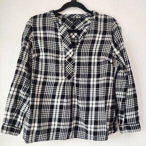 Talbots Black White Plaid Flannel Popover Blouse Top Shirt Button Down Petite S